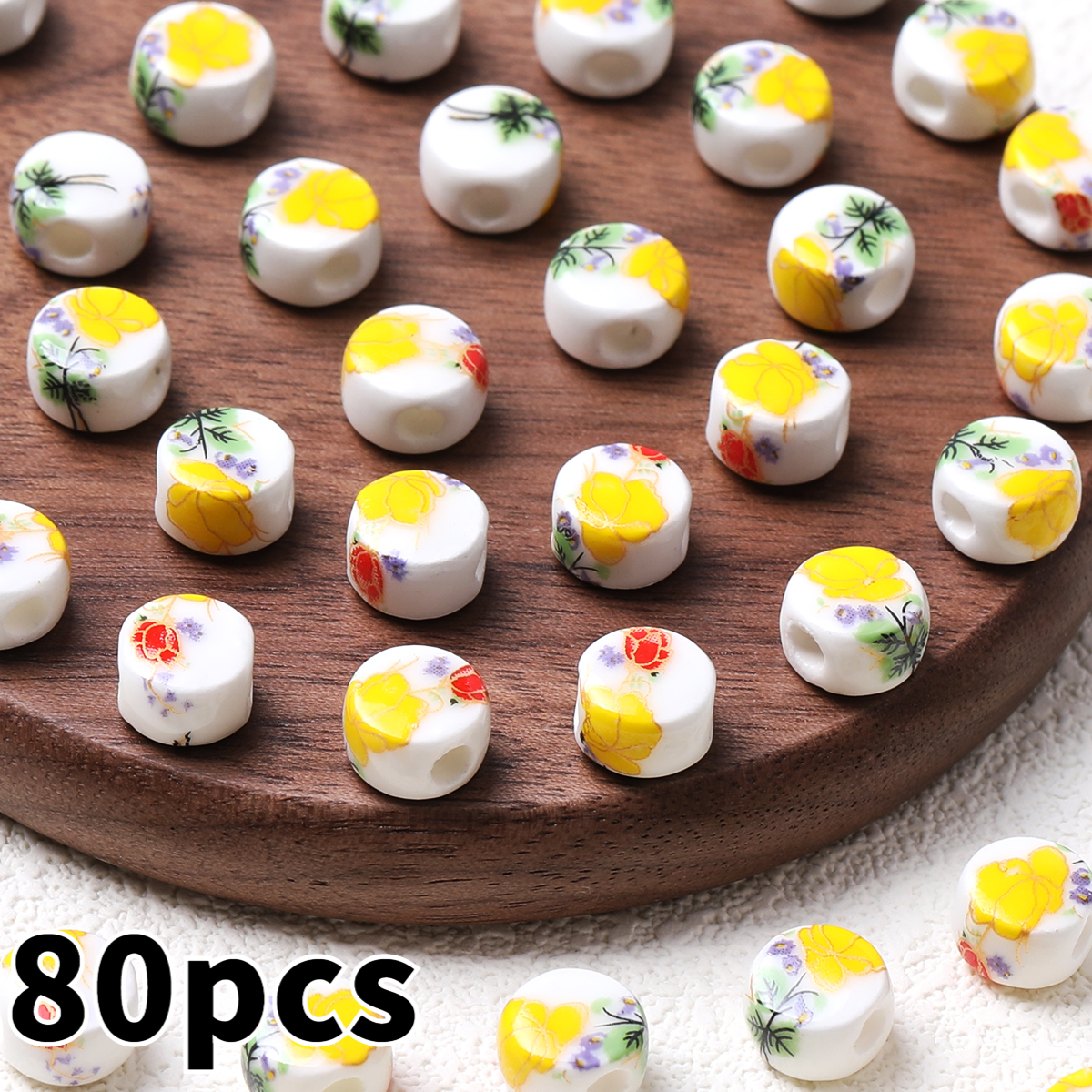 20pcs Random Color Flat Round Printed Flower Ceramic Beads